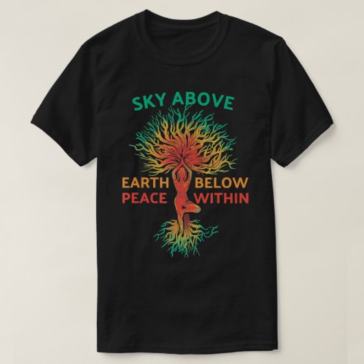 ヨガの瞑想の中で平和の下で地上の空 Tシャツ (デザイン正面)