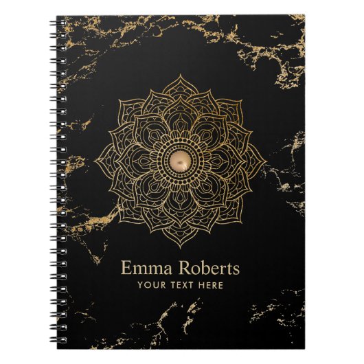 ヨガの金ゴールドのはす曼荼羅のヴィンテージの黒の金ゴールドの大理石 ノートブック (正面)