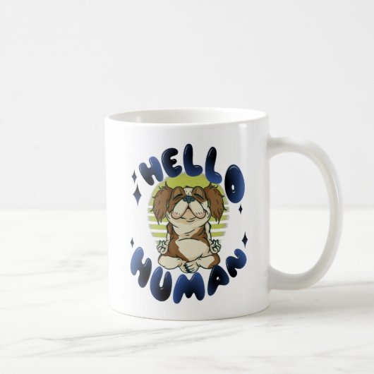 ヨガをする犬の瞑想 Hello human コーヒーマグカップ (右)