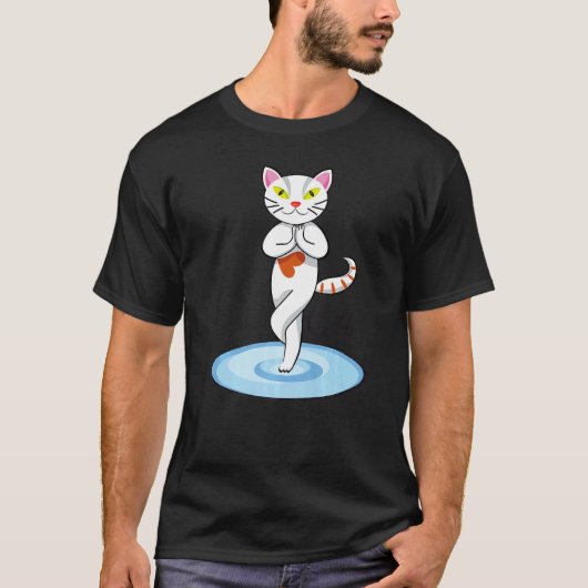 ヨガをする白猫 Tシャツ (正面)