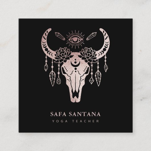 ヨガアニマルスカル神秘的な目バラ金ゴールドグリッター スクエア名刺 (正面)