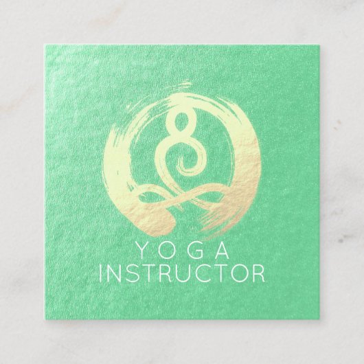 ヨガインストラクターグリーン金ゴールド瞑想ポーズZEN OM スクエア名刺 (正面)