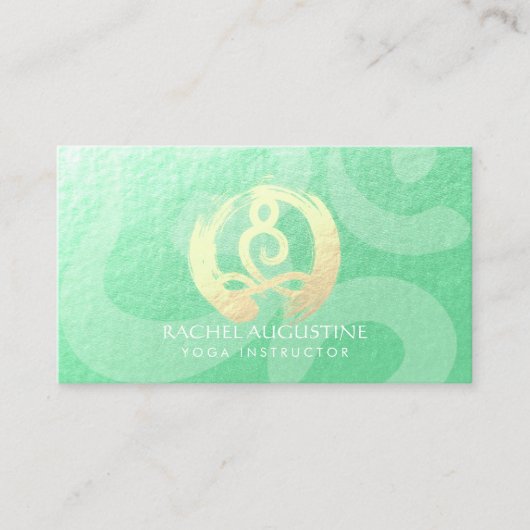 ヨガインストラクターグリーン金ゴールド瞑想ポーズZEN OM 名刺 (正面)