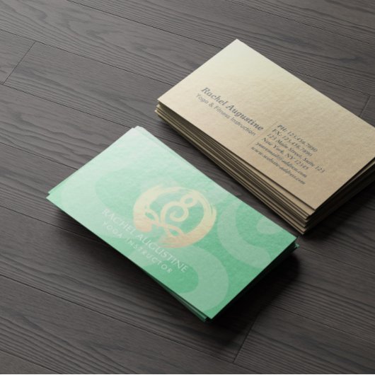 ヨガインストラクターグリーン金ゴールド瞑想ポーズZEN OM 名刺