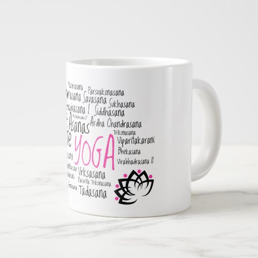 ヨガインストラクターサンスクリットAsanas Yogaポーズ ジャンボコーヒーマグカップ (正面右)