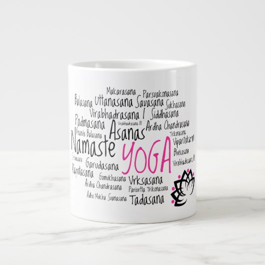 ヨガインストラクターサンスクリットAsanas Yogaポーズ ジャンボコーヒーマグカップ (正面)
