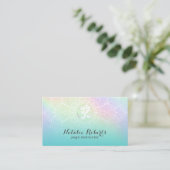 ヨガインストラクターティール(緑がかった色)ホログラフィック曼荼羅 名刺 (スタンド正面)