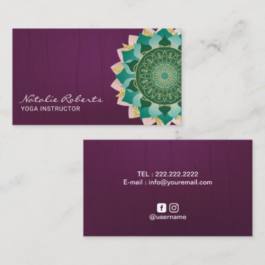ヨガインストラクターティール（緑がかった色）マンダラフラワーヴィンテージパープル 名刺 (正面/裏面)