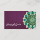 ヨガインストラクターティール（緑がかった色）マンダラフラワーヴィンテージパープル 名刺 (正面)