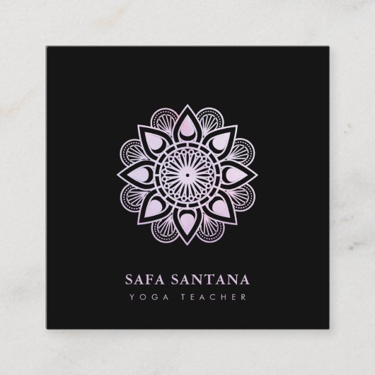 ヨガインストラクターパープルホログラフィックマンダラ スクエア名刺 (正面)