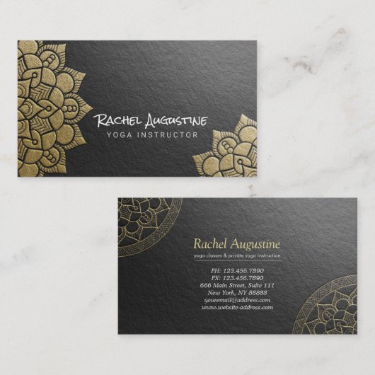 ヨガインストラクターブラック金ゴールドエンボスマンダラフローラ 名刺 (正面/裏面)