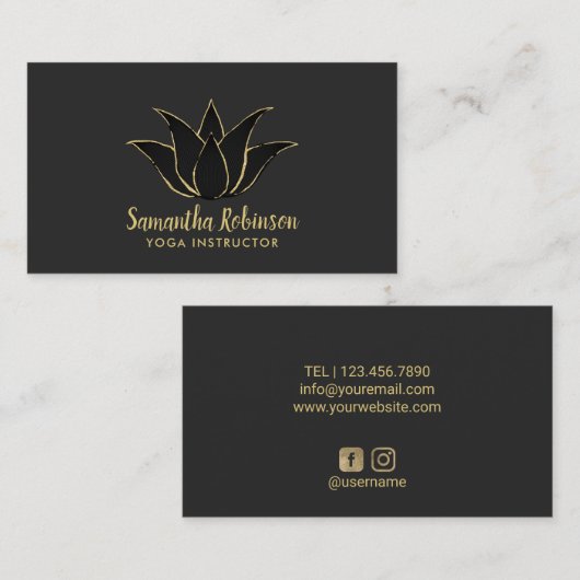 ヨガインストラクターブラック&金ゴールドロータススパサロン 名刺 (正面/裏面)