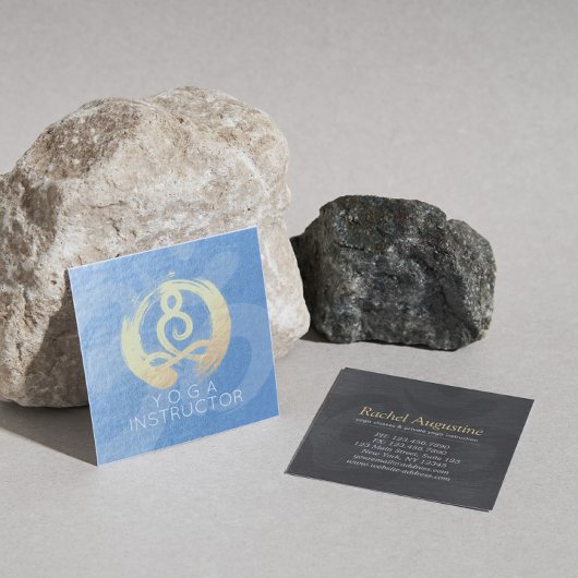 ヨガインストラクターブルー&金ゴールド瞑想ポーズZEN OM スクエア名刺