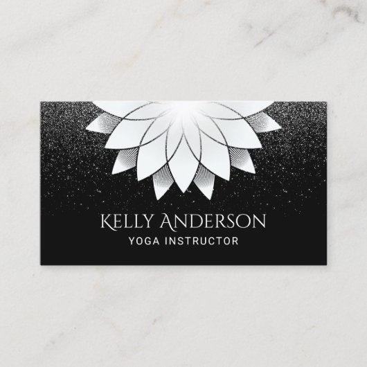 ヨガインストラクターホワイトロータスマンダラブラックグリッター 名刺 (正面)