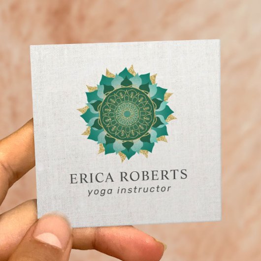 ヨガインストラクターマンダラフラワーヴィンテージリネン スクエア名刺