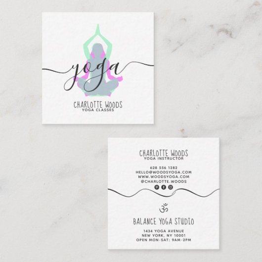 ヨガインストラクターモダンエレガントトレンディーティール（緑がかった色）ピンクom スクエア名刺 (正面/裏面)