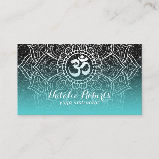 ヨガインストラクターモダンティール(緑がかった色)ブラックグリッターマンダラ 名刺 (正面)