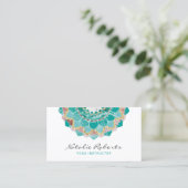 ヨガインストラクターモダンティール(緑がかった色)金ゴールドマンダラフラワー 名刺 (スタンド正面)