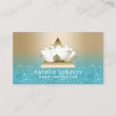 ヨガインストラクターモダン金ゴールドロータスティール（緑がかった色）グリッター 名刺 (正面)