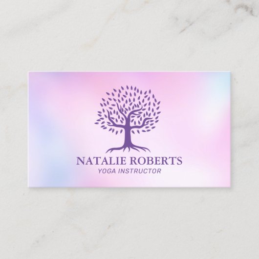 ヨガインストラクターライフツリーウォーターカラーピンクグラデーション 名刺 (正面)