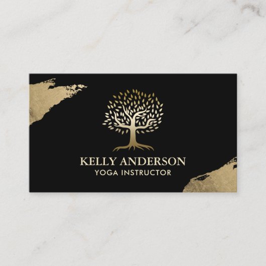 ヨガインストラクターライフツリーモダン金ゴールドストロークブラック 名刺 (正面)