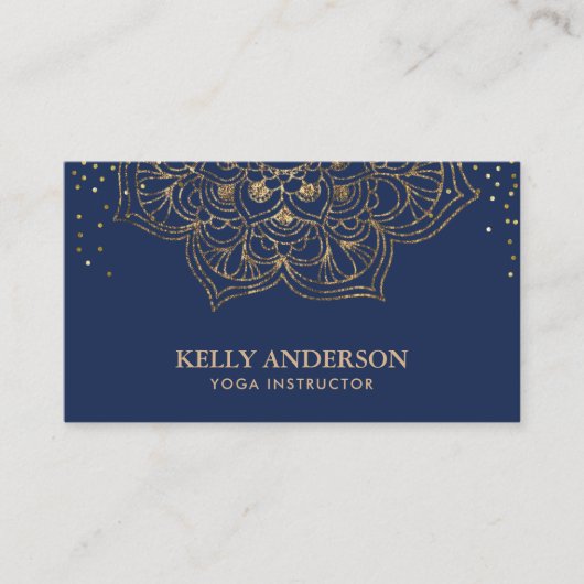 ヨガインストラクターロータスエレガントマンダラネイビー&金ゴールド 名刺 (正面)
