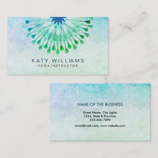 ヨガインストラクターロータスフラワーウォーターカラーティール(緑がかった色) 名刺 (正面/裏面)