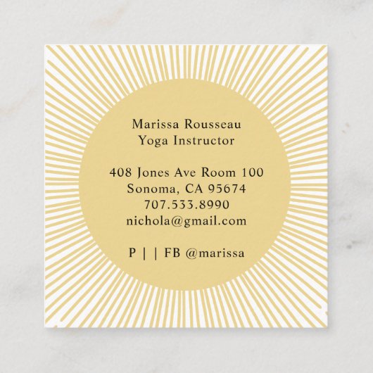 ヨガインストラクターロータスポーズ金ゴールドサンレイズ スクエア名刺 (裏面)