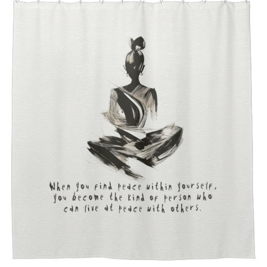 ヨガインストラクター瞑想ポーズブラシストローク引用文 シャワーカーテン (正面)