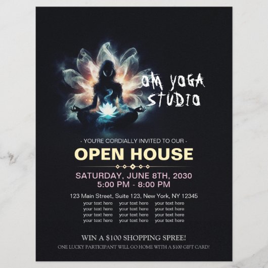 ヨガインストラクター瞑想ポーズミ白熱［赤熱］光を放つストロータス チラシ (正面)