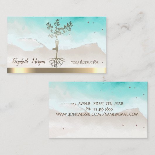 ヨガインストラクター金ゴールドツリーウィメンシルエット 名刺 (正面/裏面)