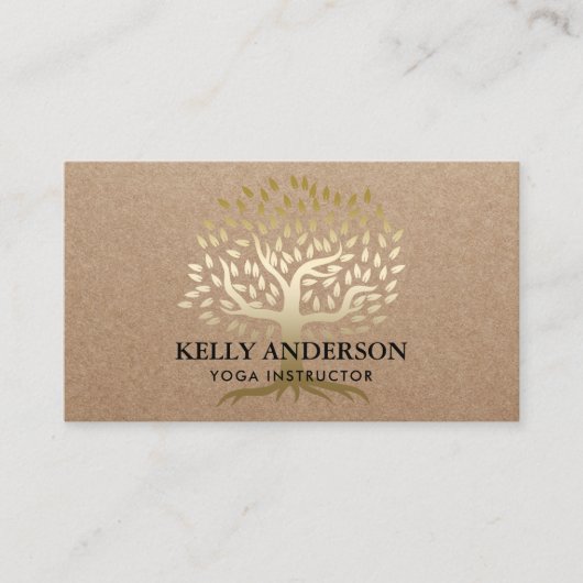ヨガインストラクター金ゴールドツリー素朴クラフト 名刺 (正面)