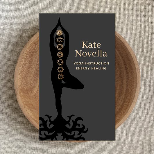 ヨガインストラクター、ツリーポーズ、金ゴールドチャクラブラック 名刺