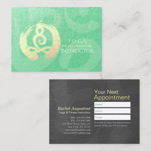 ヨガインストラクター 緑 金瞑想ポーズ ゼン オーム 予約カード (正面/裏面)