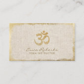ヨガインストラクターOMシンボル金ゴールド枠グランジリネン 名刺 (正面)