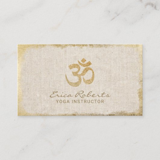 ヨガインストラクターOMシンボル金ゴールド枠グランジリネン 名刺 (正面)