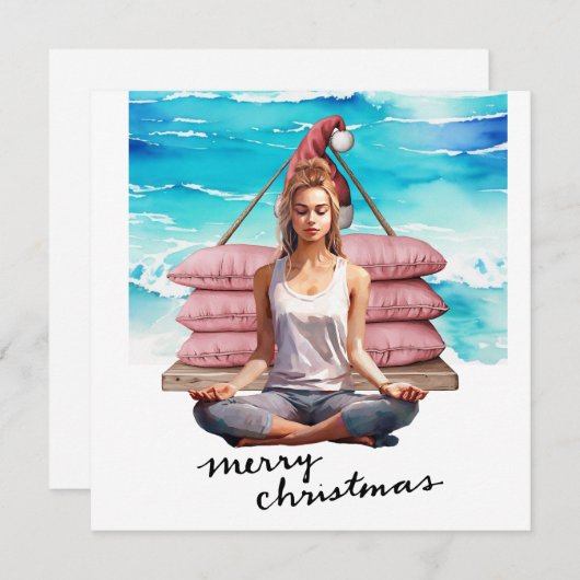 ヨガウィメンアットクリスマステーマのビーチ シーズンカード (正面/裏面)