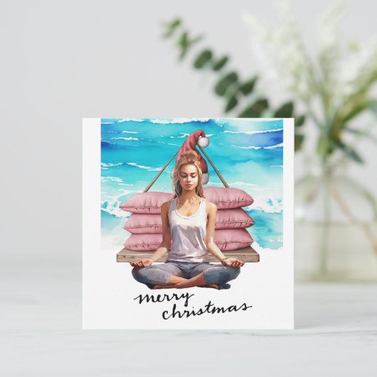 ヨガウィメンアットクリスマステーマのビーチ シーズンカード (スタンド正面)