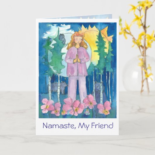 ヨガウルフクロウ熊ワイルドライフナマステマイフレンド カード (黄色い花)