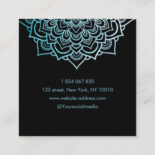 ヨガエレガントインストラクターティール（緑がかった色）ロータスマンダラ スクエア名刺 (裏面)