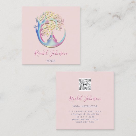 ヨガクラススクールロゴインストラクターQRヒーリング スクエア名刺 (正面/裏面)