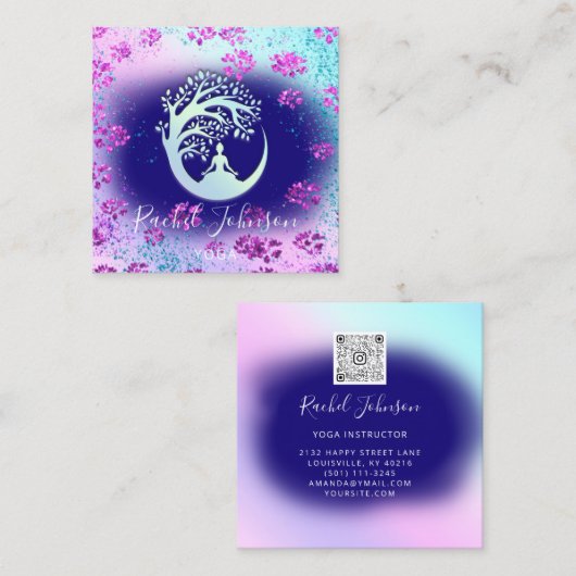 ヨガクラススクールロゴインストラクターQRヒールフローラ スクエア名刺 (正面/裏面)