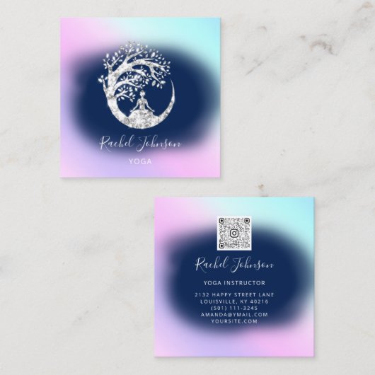 ヨガクラススクールロゴインストラクターQRブルーネイビー スクエア名刺 (正面/裏面)