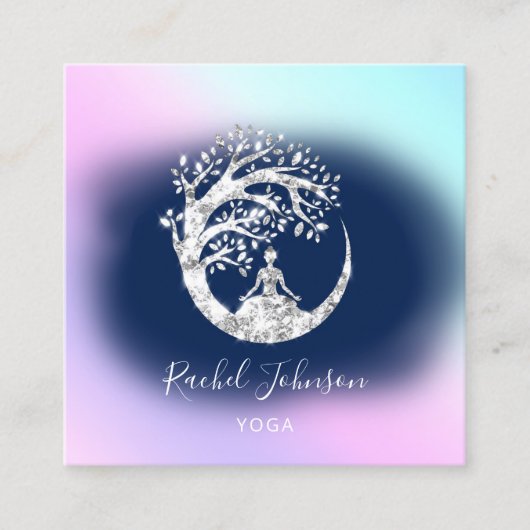 ヨガクラススクールロゴインストラクターQRブルーネイビー スクエア名刺 (正面)