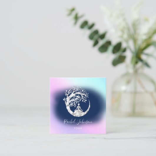 ヨガクラススクールロゴインストラクターQRブルーネイビー スクエア名刺 (スタンド正面)