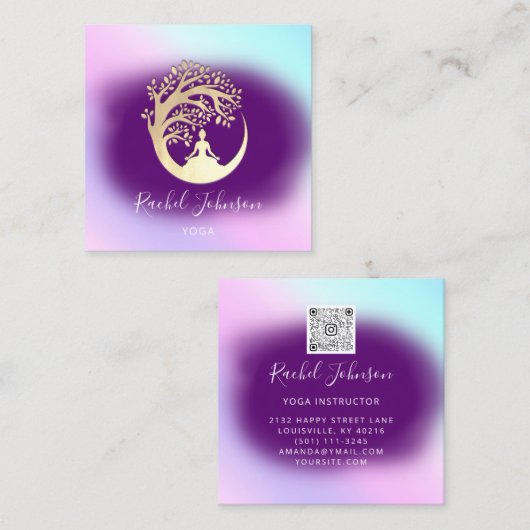 ヨガクラススクールロゴインストラクターQR Heal Violet スクエア名刺 (正面/裏面)