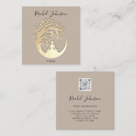 ヨガクラスズスクールロゴインストラクターベージュ金ゴールド スクエア名刺 (正面/裏面)