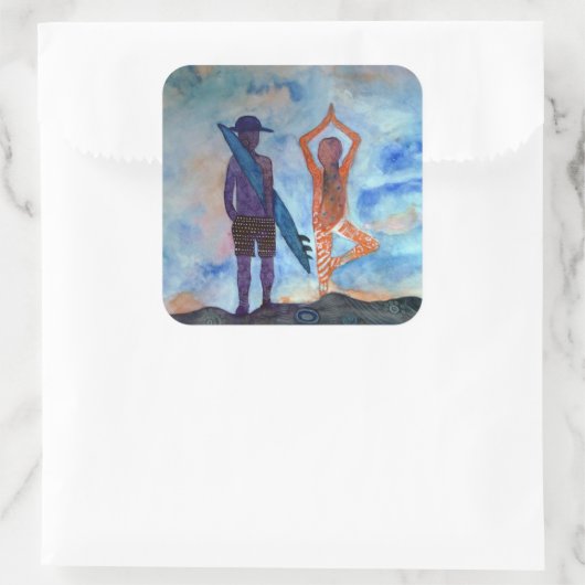 ヨガクールサーフサンセットアートスクエアステッカー、光沢 スクエアシール (バッグ)