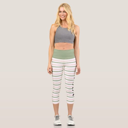 ヨガジオメトリックピンクとグリーンのストライプ カプリレギンス (正面)
