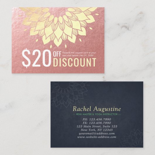 ヨガスタジオディスカウントクーポンロイヤリティ金ゴールドマンダラ 割引カード (正面/裏面)